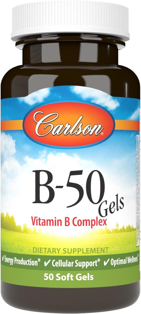 Carlson - B-50 Gels, B-vitamin Complex, Energiproduktion, Cellular Support & Optimal Wellness, 50 Softgels