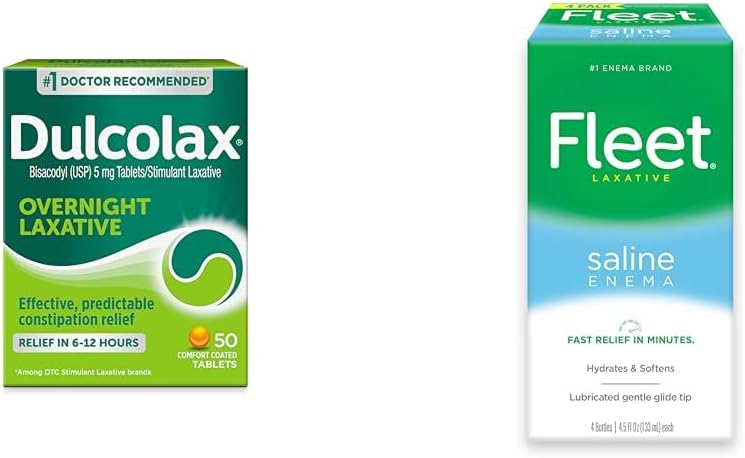 Dulcolax Overnight Relief Laxative 50 Count & Fleet Saline Enema Adult Constipation Relief 4 Bottles