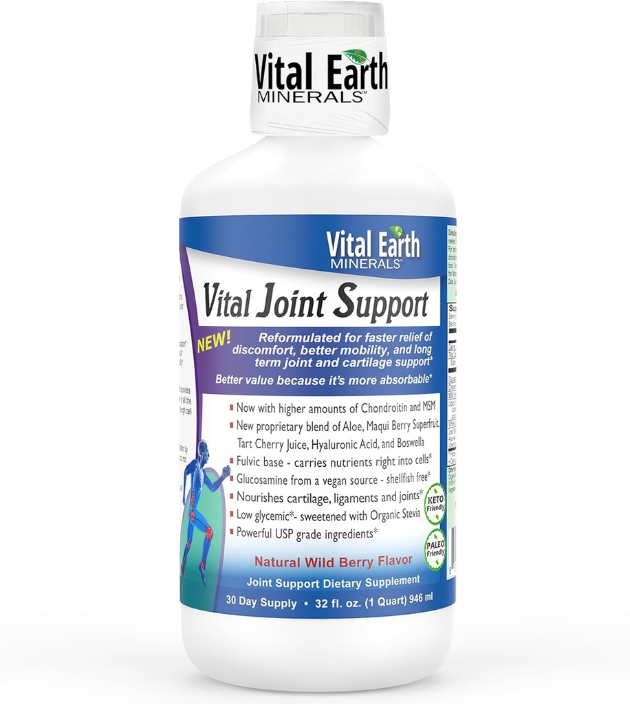 Vital Earth Liquid Joint Support - Glucosamin, Chondroitin, MSM Plus Hyaluronic Acid, Boswellia & Fulvic Acid (70 + Trace Minerals), 32 Oz + 1 Oz Cup