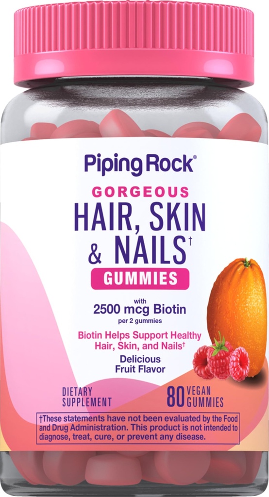 Piping Rock Hår Skin og negle Vitaminer; 80 Gummier • 124; 2500 mcg Biotin • 124; Dame Multivitamin • 124; med vitamin C og E • 124; Frugtsmag • 124; Non-GMO, Gluten Free Supplement