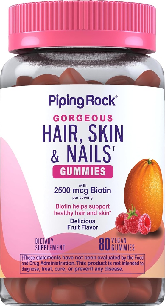 Piping Rock Hår Skin og negle Vitaminer; 80 Gummier • 124; 2500 mcg Biotin • 124; Dame Multivitamin • 124; med vitamin C og E • 124; Frugtsmag • 124; Non-GMO, Gluten Free Supplement
