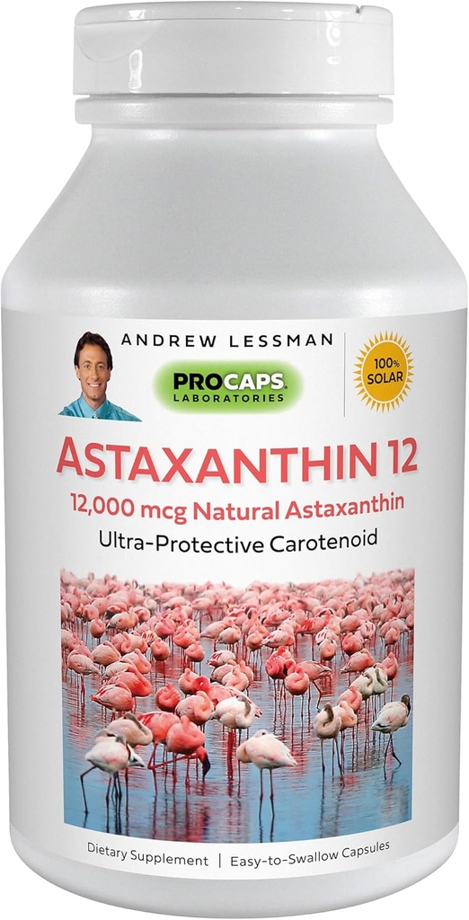 ANDREW LESSMAN Astaxanthin 12mg - 30 Softgels - 12000 mcg Natural Astaxanthin, Kraftfuld Antioxidant Carotenoid. Beskyttelse af øjne, hjerte, hud og mere. Ingen tilsætningsstoffer. Let at sluge Softels