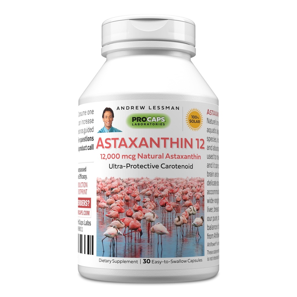 ANDREW LESSMAN Astaxanthin 12mg - 30 Softgels - 12000 mcg Natural Astaxanthin, Kraftfuld Antioxidant Carotenoid. Beskyttelse af øjne, hjerte, hud og mere. Ingen tilsætningsstoffer. Let at sluge Softels