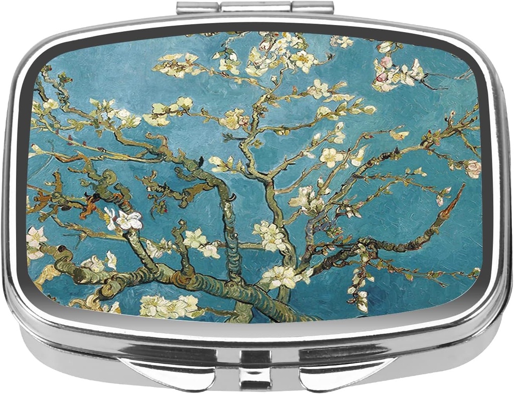 Dynippy Pill Case Pill Box med spejl Retro Pocket 2 Compartment Medicine Case Vitamin Pill Organizer for Pocket Purse and Travel (Silver- Almond Blossom)