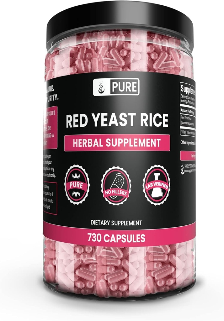 Pure Original Ingredienser Rød Gær Rice Ingen Magnesium eller Rice Fillers, Altid Pure, Lab Verified (730 Capsule)