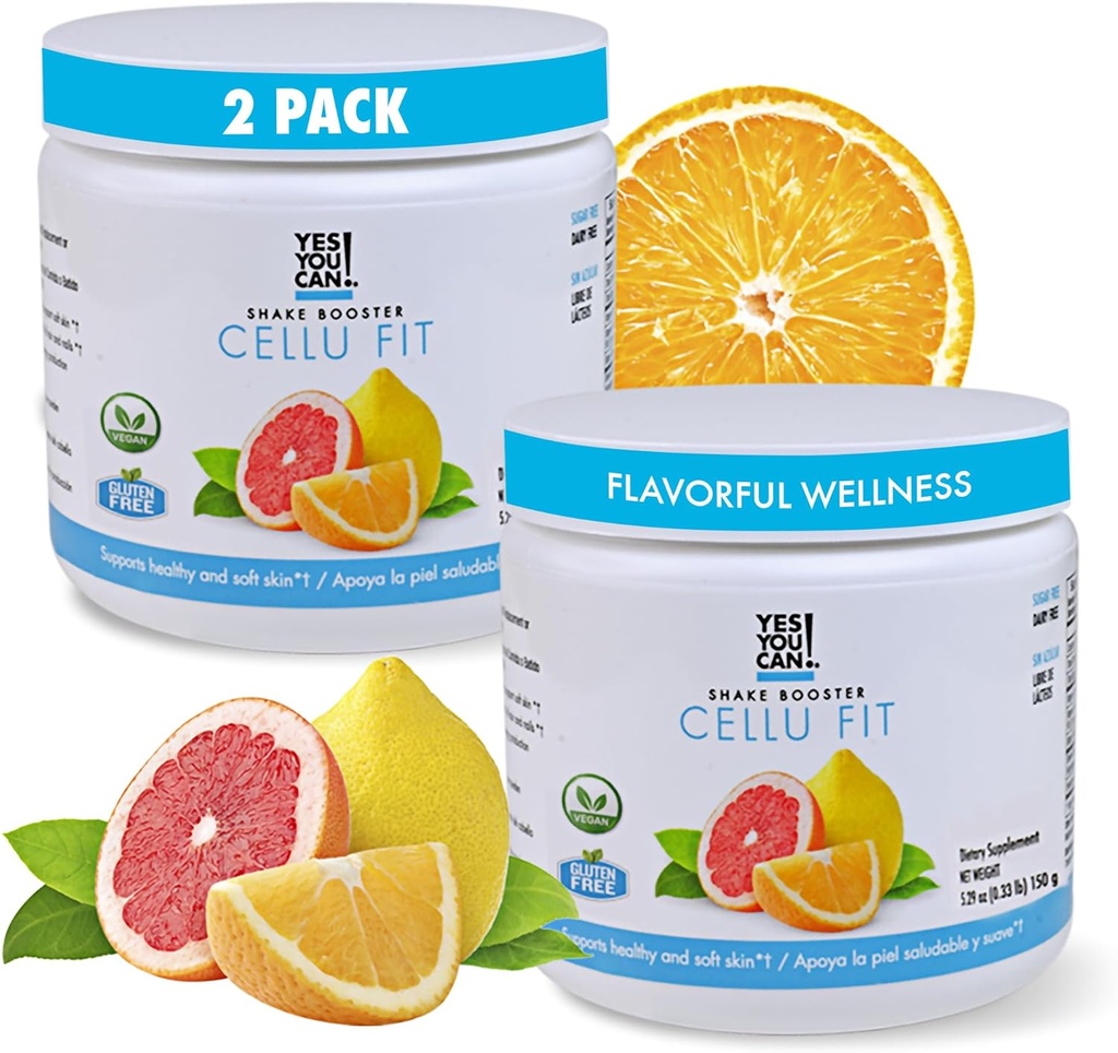Ja, du kan! Ryst Booster Cellu Fit Powder Drink Mix - Nutritional Drink med C-vitamin, E-vitamin, biotin, Bovin Collagen Hydrolysat, og Hyaluronsyre - 150g, 30 Servering - 2 Pack