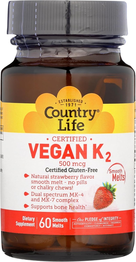 Country Life Vegan Vitamin K2, 500 mcg, Dual Spectrum MK-4 og MK- 7 Complex, Understøtter ben & tænder Sundhed, 60 tyggetabletter, Strawberry Flavor