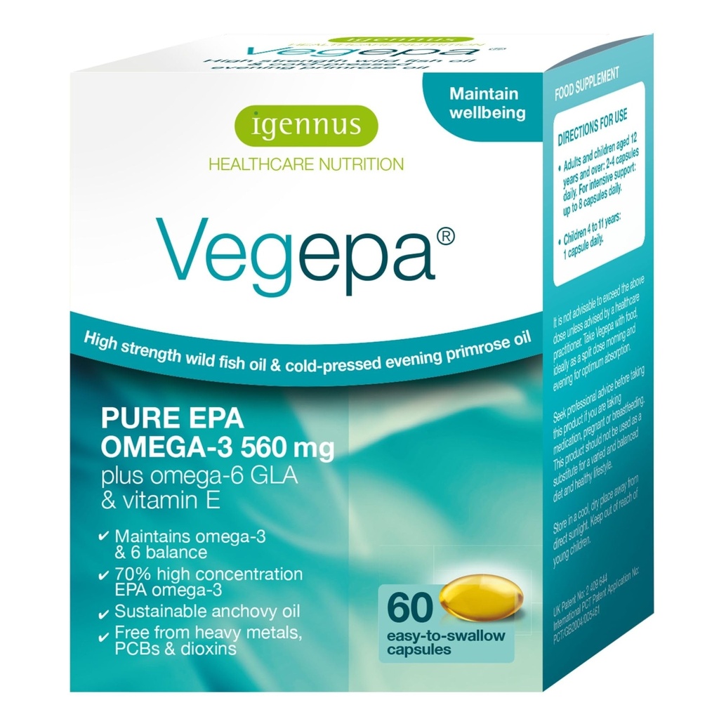 Igennus Vegepa Omega 3 Wild Fish Oil & Aften Primrose Oil Blend, 560 mg EPA Plus GLA, 60 små bløddele