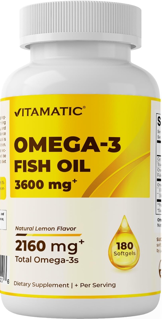 Vitamatisk tredobbelt styrke Omega 3 Fish Oil 3600mg Per Serving, 2160mg Omega 3 Fedtsyrer, 1296mg EPA + 864mg DHA, Burpless Lemon Flavor, 180 Softgels