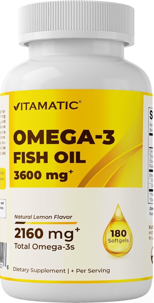 Vitamatisk tredobbelt styrke Omega 3 Fish Oil 3600mg Per Serving, 2160mg Omega 3 Fedtsyrer, 1296mg EPA + 864mg DHA, Burpless Lemon Flavor, 180 Softgels