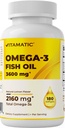 Vitamatisk tredobbelt styrke Omega 3 Fish Oil 3600mg Per Serving, 2160mg Omega 3 Fedtsyrer, 1296mg EPA + 864mg DHA, Burpless Lemon Flavor, 180 Softgels