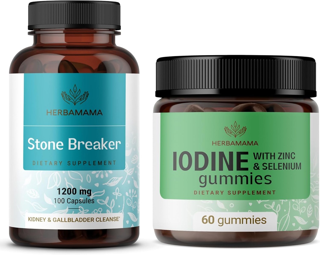 HERBAMAMA Stone Breaker and Jod Kit - Bundle of 1200 mg Stone Breaker Capsules & Kalium Jod Gummies - Vegan, Non- GMO, Gelatin- Free - 2 Pack
