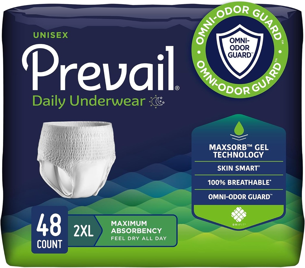 Prevail Daglige Beskyttende Undertøj - Unisex Voksen Inkontinens Undertøj - Disponibel Voksen ble for Mænd & Kvinder - Maksimal Absorption - XX- Stor - 12 Greve (Pack of 4)
