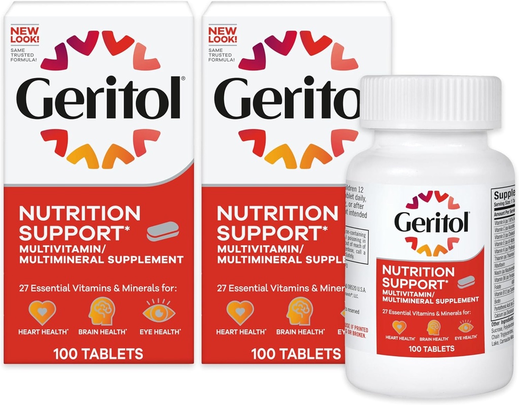 Geritol, Multivitamin Supplement, Indeholder B- Vitamin, Antioxidanter, Vitamin C, E & D og Jern, 26 Essentielle Vitamin og Mineraler, Gluten- fri, Non- GMO, Ingen kunstige sødestoffer, 100 tabletter - 2ct
