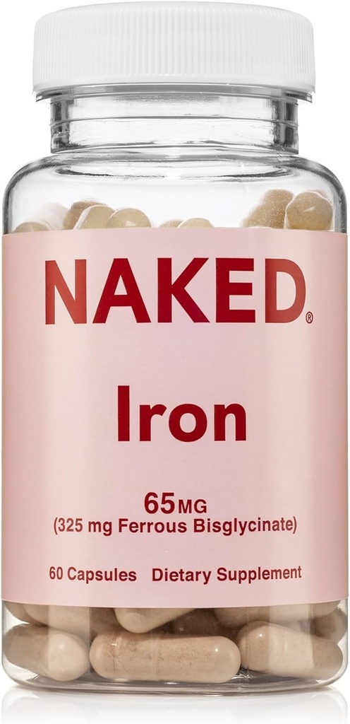 Nøgen Iron 65mg, 325mg Ferrobisglycinat - højpotens jerntilskud for jernmangel, cellular energistøtte, fremmer sunde røde blodceller produktion, non-GMO, gluten- fri, 60 kapsler