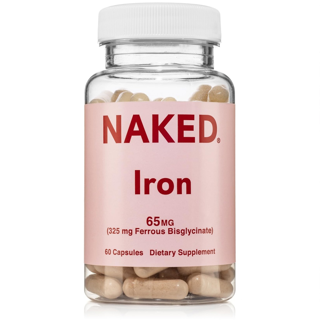Nøgen Iron 65mg, 325mg Ferrobisglycinat - højpotens jerntilskud for jernmangel, cellular energistøtte, fremmer sunde røde blodceller produktion, non-GMO, gluten- fri, 60 kapsler