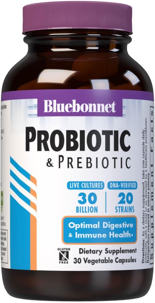 Bluebonnet Nutrition Probiotic and Prebiotic, 30 Billion CFU Per Serving, Supports Immune & Aids in Digestive Health, Gluten-Free, Non-GMO, 30 Count