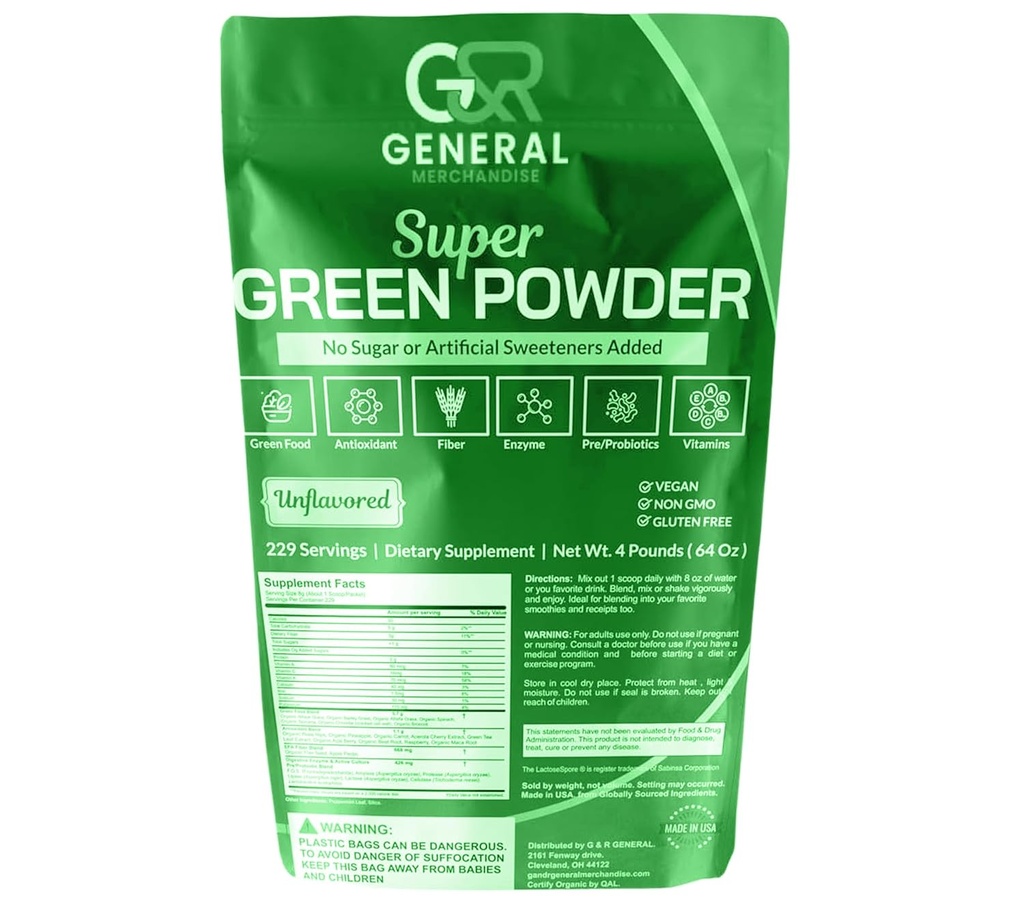 Super Green Powder Superfood Organic, 229 Servere fordøjelsesenzymer, Probiotika & vitaminer Grøntsager (Wheatgrass, Spirulina & mere), Frugter, 4 Pounds (64oz).