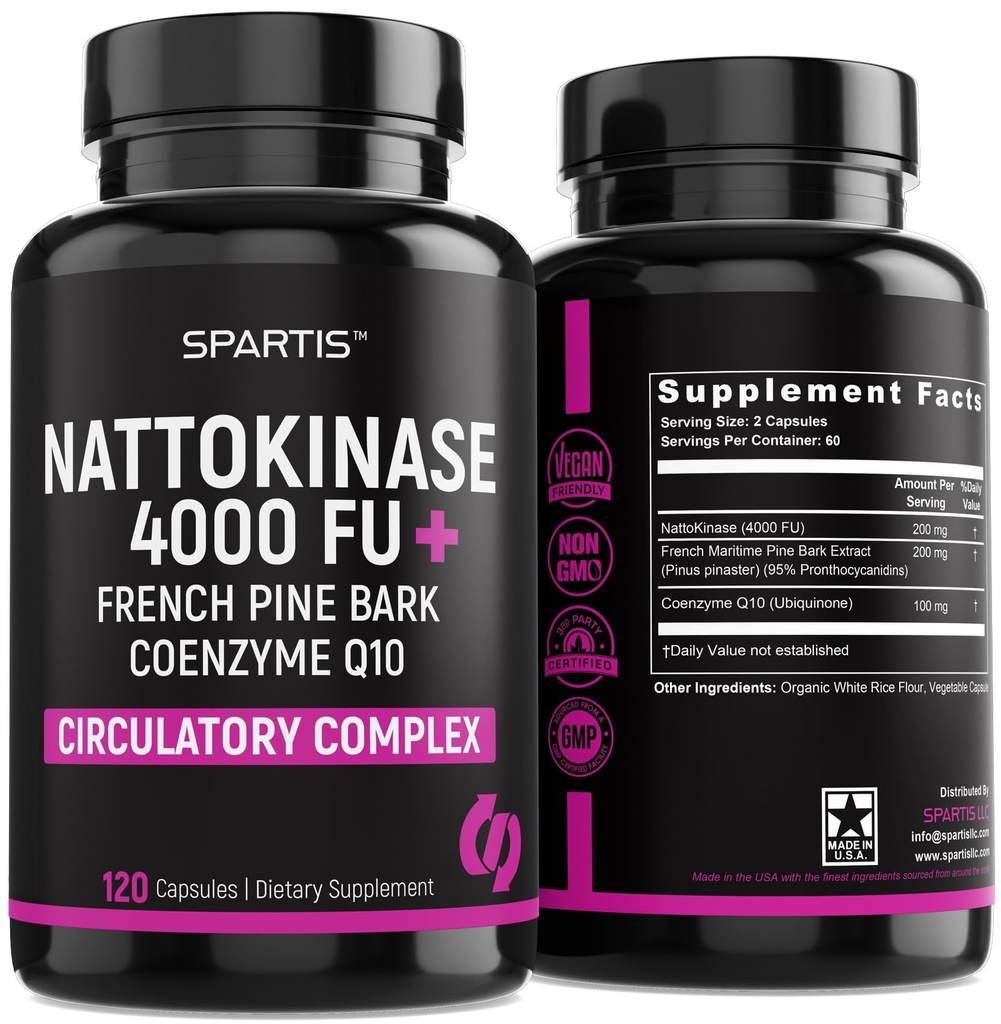 Nattokinase Supplement 4000 FU CoQ10 100mg French Maritime Pine Bark Extract 200mg med enzymer til circulatory & Cardiovaskulær Support (pakning med 1 på 120- Caps)