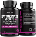Nattokinase Supplement 4000 FU CoQ10 100mg French Maritime Pine Bark Extract 200mg med enzymer til circulatory & Cardiovaskulær Support (pakning med 1 på 120- Caps)