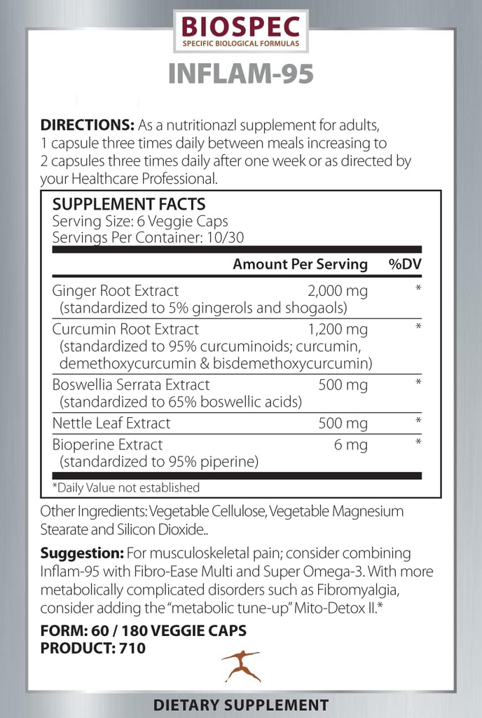 Inflamme- 95 - Ginger Root Extract 2000 mg, Curcumin Root Extract, Boswellia Serrata Extract, Nettle Leaf Extract, Bioperine - Support Sund Inflammatorisk respons *
