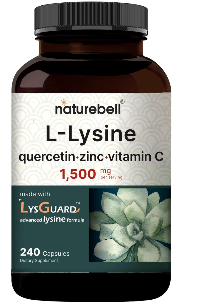 NatureBell L- Lysin 1.000mg kapsler + Quercetin 250 mg med C-vitamin og zink, 240 Greve - 124; Gratis form Aminosyrer, L Lysin Complex; Immunforsvar, Lip & Skin Health Supplement