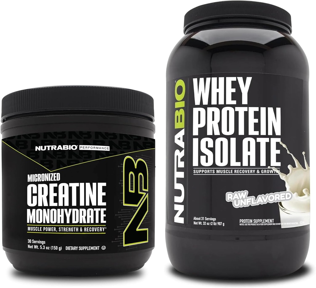 Nutrabio Creatin monohydrat, Unflavored, 150g og Whey Protein Isolate, Unflavored, Supplement Bundle - Muskelenergi, Lean muskelvækst, Recovery, og Styrke