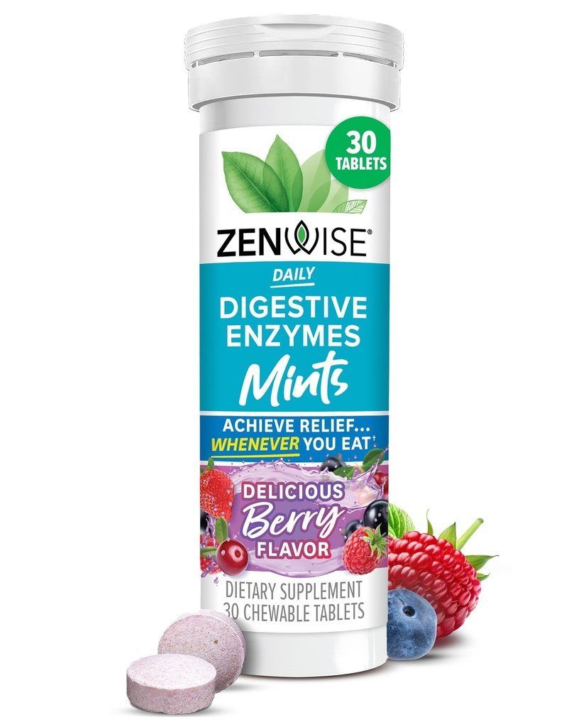Zenvise sundhed fordøjelsesbesvær Enzyme ånde mints til Gut sundhed, lækker berry flavor - fordøjelsesenzymer til Bloating Relief & Gut support - Multi enzymer fordøjelse supplement - 30 tyggetabletter