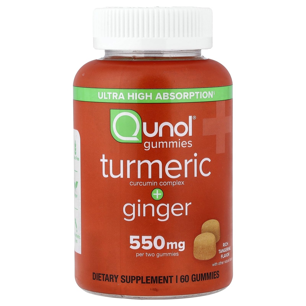 Qunol Gurkemeje og Gurkemeje, Gummy med 500 mg Gurkemeje + 50 mg Gurkemeje, Fælles Support, Ultra Høj Absorption Tumerisk og Ginger, Vegan, Gluten Free, 1 Måned Supply 60ct Gummies