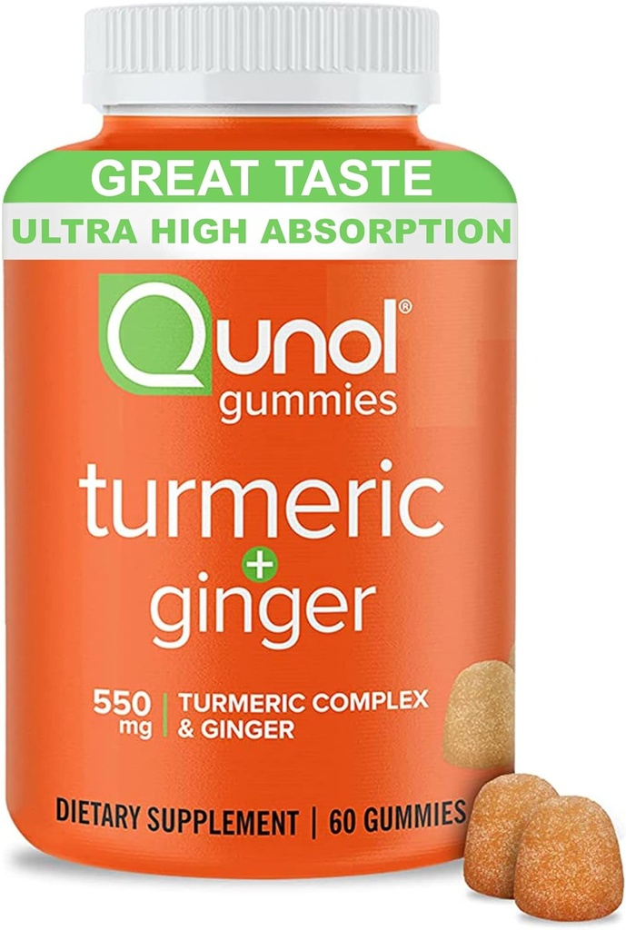 Qunol Turmeric and Ginger Gummies, Gummy with 500mg Turmeric + 50mg Ginger, Joint Support Supplement, Ultra High Absorption Tumeric and Ginger, Vegan, Gluten Free, 1 Month Supply 60ct Gummies