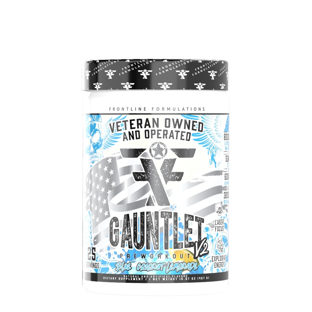 Gauntlet Pre- Workout Powder, Eksplosive workouts, Laser Focus, Mid Stim, Amazing Flavor, Veteran Ejes og drives (25 Servere, Blå Kokosolie Lemonade)