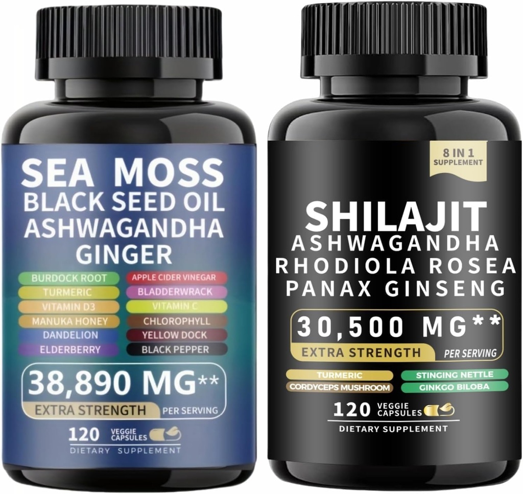 Sea Moss and shilajit Sea Moss Black Seed Oil Ashwagandha Ginger & shilajit rhodiola rosea panax Ginseng (120 Greve (pakke af 2))