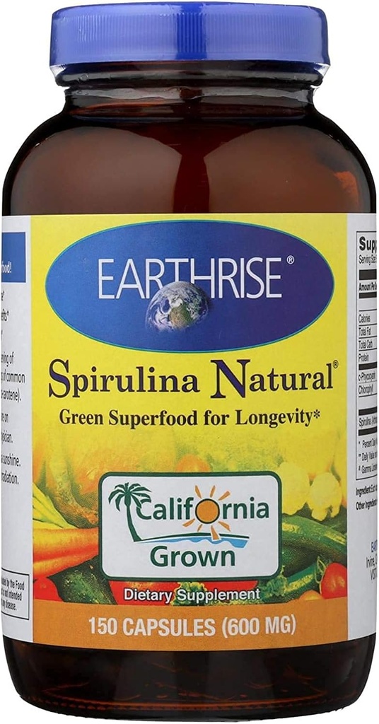 Earthrise Spirulina Natural 600 mg -150 Capsule, Natural Premium Spirulina fra California- Vegan, Gluten Free, Keto Friendly, Ikke-GMO Super Food høj i vitaminer og mineraler.
