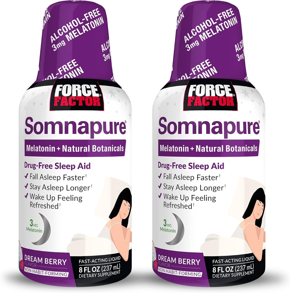 FORCE FACTOR Somnapure, 2- Pack, Sleep Aid for voksne med Melatonin, Valerian Root, & Lemon Balm, flydende supplement til Falde Asleep Hurtigere, Stay Asleep Længere, & vågn op genopfrisket, 16oz, 48 Servere