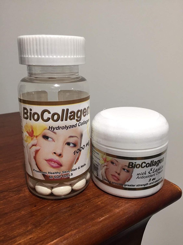 Set Bio Collagen Hydrolyzed Collagen softgels (1000 mg) & BioCollagen with Elastin Antioxidant Cream 2 oz (Promotes Healthy Skin Hair and Nails)