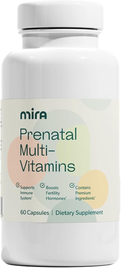MIRA Prenatal Multi- Vitaminer til kvinder, Folate & Cholin, supplement til før, under og efter graviditet, Support Din graviditet & Føtale Udvikling, 60 kapsler (30 Servere), 1 pakke