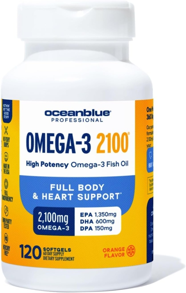 Oceanblue Professional Omega-3 2100- 120 ct - High- Potency Triple Strength Burpless Fish Oil med EPA, DHA & DPA - Wild fanget - Orange Flavor, 60 Servere