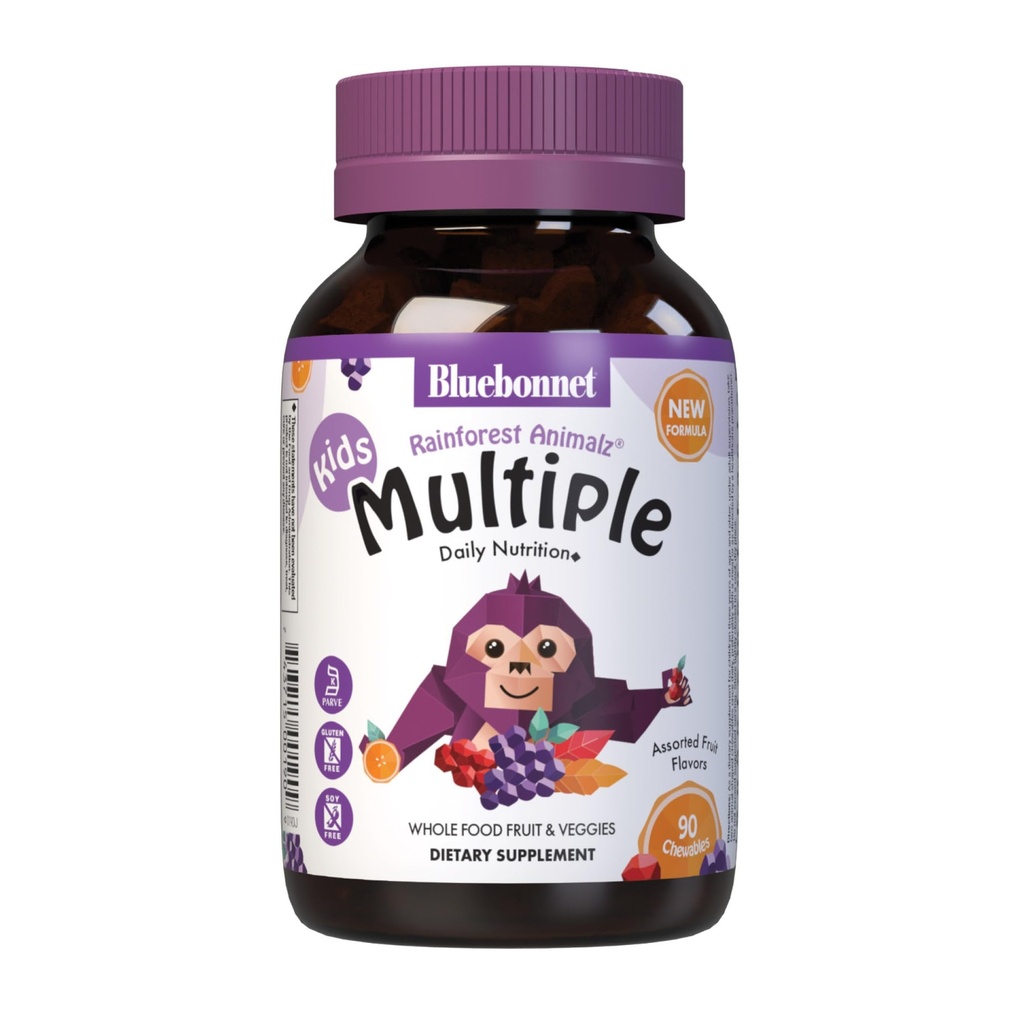 Bluebonnet Nutrition Rainforest Animalz Hele fødevarer baseret på flere tyggetabletter, Kids Multivitamin & Mineral, C-vitamin, D3, Jern, Gluten Free, Milk Free, Kosher, 90 tyggetabletter, Blandede smagsstoffer