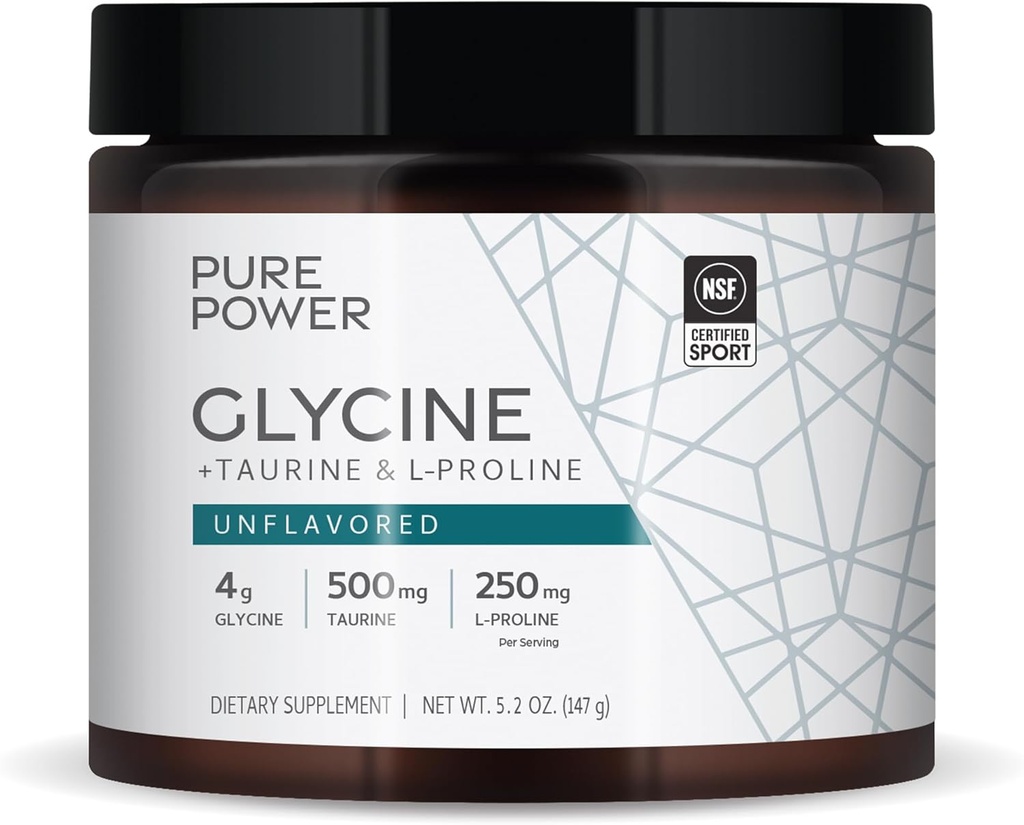 Dr. Mercola Pure Power Glycine + Taurine & L- Proline, Unflavored, 5.2 oz (147 g), 30 Servere (1 Jar), 4 g Glycin, 500 mg Taurine, 250 mg L- Proline, Non- GMO, NSF Certified for Sport