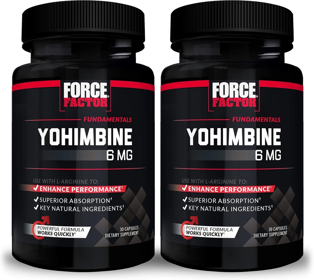 Force Factor Yohimbine Supplement for mænd, Yohimbe Bark Uddrag med Superior Absorption til at forbedre ydeevne, 6mg Yohimbine Bark piller med nøgle naturlige ingredienser, 30 greve (pakke af 2)