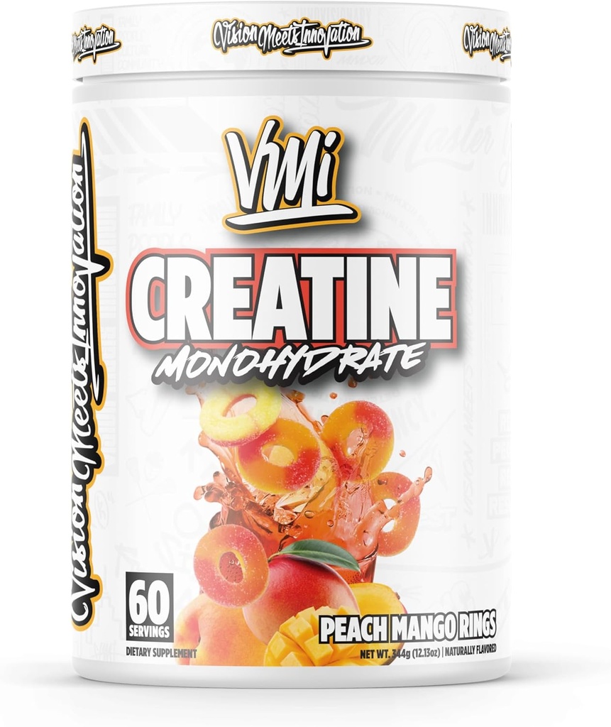 VMI Sports Creatinine Monohydrat Powder Muscle Mass - Strength - Size - Power Note 124; 5 Bedste pr Servering (60 Servering, Peach Mango Ringe)