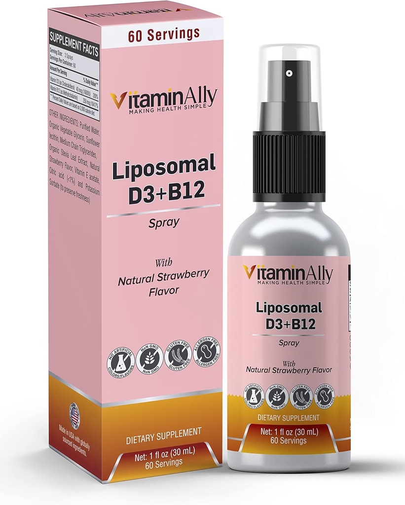 Liposomal Liquid Vitamin D3 + Vitamin B12 Spray • 124; 2 Måned Supply • 124; 1 fl oz • 124; Non- GMO • 124; Sugar Free • 124; Rejsevenlig • 124; Immunstøtte, Knoglesundhed, Understøtter Energi, Brain funktion