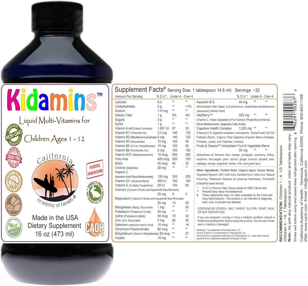 Kidaminer - Flydende multivitaminer til børn 1-12 år fra CAOH ® (1-16 oz flaske)