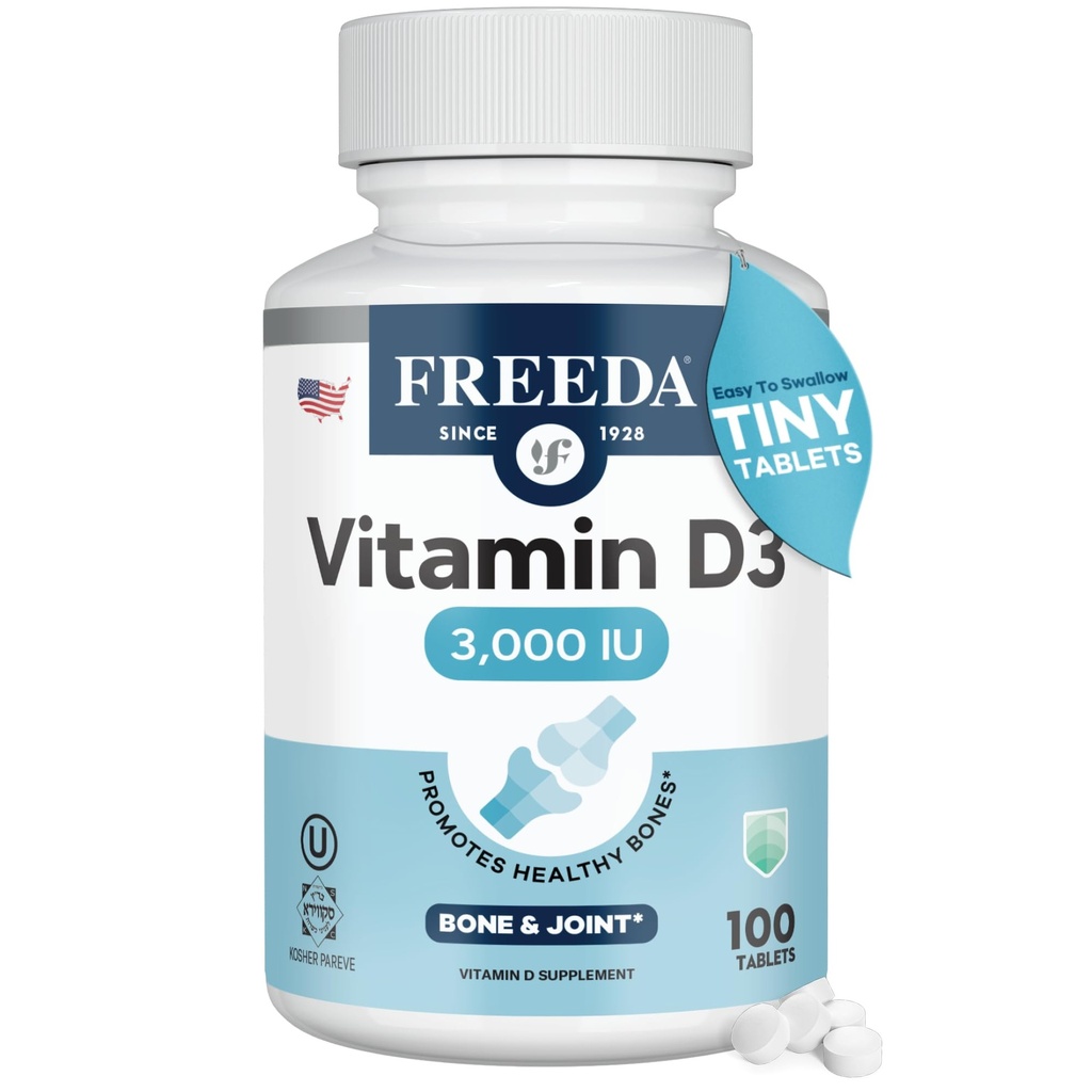 FREEDA Vitamin D3-3000 IU - Pure High Potency Kosher Supplement Tablets - Bone and Muscle Health, Calcium Absorption, Immune Support for Men and Women* - 100 Tiny Tablets