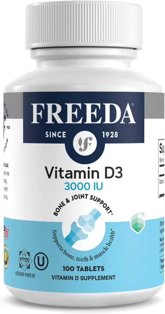FREEDA vitamin D3- 3000 IE - Pure High Potency Kosher Supplement tabletter - Knogler og muskel sundhed, Calcium Absorption, immunforsvar for mænd og kvinder * - 100 små tabletter