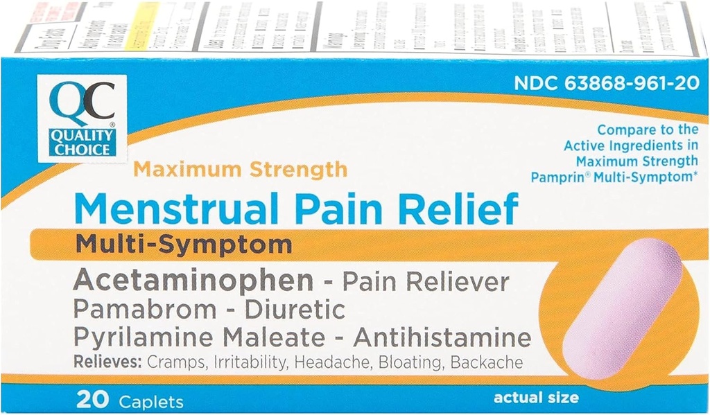 Quality Choice Maximum Strength Mentral Pain Relief, Multi Symptom Pain Relief Caplets, Cramps, Hovedpine, Bloating, Backache & Irritability, 20 Count Package