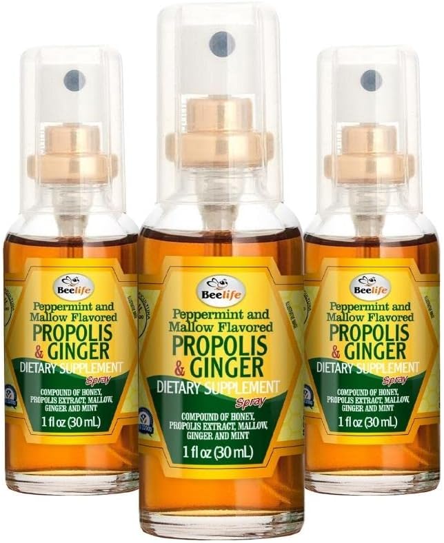 Beelife Propolis Halsen Spray- Lindrende honning & Ginger Propolis Spray- Naturlig immunforsvar & Bee Propolis Ekstract- Antioxidanter, Rig i flavonoider & artepillin, Ingen sukker, Gluten- Free- 3- Pack, 90ml