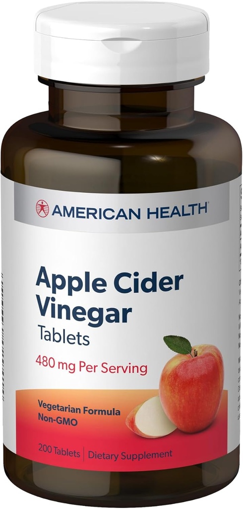 American Health Apple Cider Vinagar - 200 tabletter - 480 mg Per Servering - Non-GMO, Vegetar, Gluten Free - 100 Servere