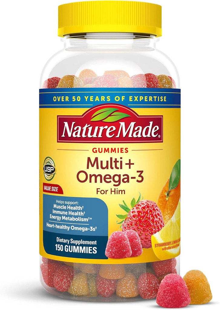 Nature Made Herre Multivitamin Gummies med Omega-3, Herre Gummy Multivitaminer til daglig ernæring Support, 150 Gummy Vitamin og Min, 75 Day Supply