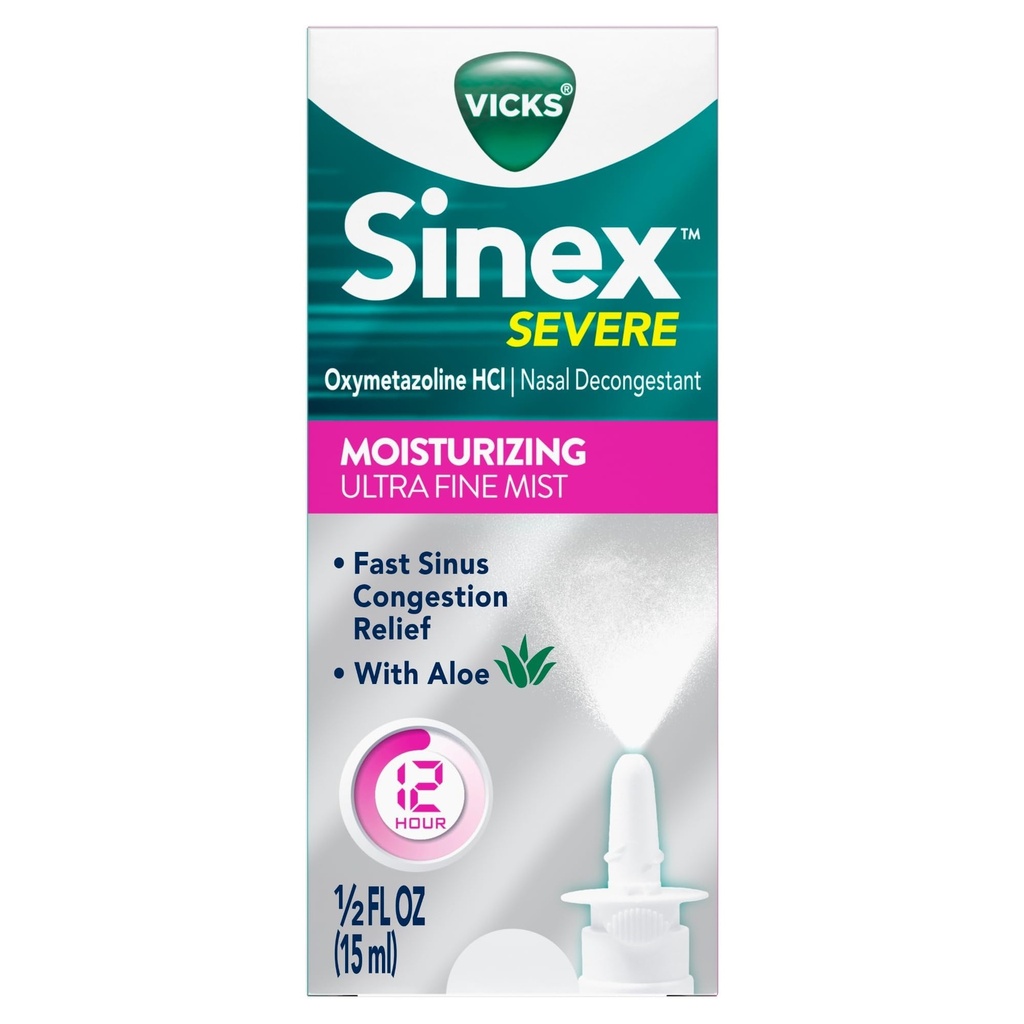 Vicks Sinex Svær Nasal Spray med fugtgivende Ultra Fine Mist, Decongestant for Stuffy Næse Relief fra kold, Allergi, Sinus Tryk - 265 sprays